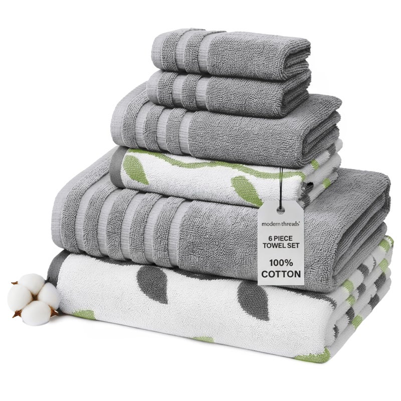 Modern Threads Organic Vines 6-Piece 100% Cotton Towel Set â€“ Yarn Dyed Jacquard & Solid â€“ Includes 2 Bath Towels, 2 Hand Towels, 2 Washcloths â€“ Absorbent, Quick Dry, Soft & Durable â€“ Gray - Image 1